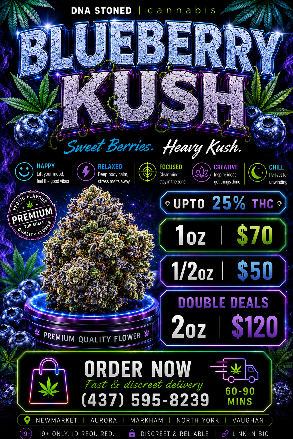 π« Blueberry Kush β Premium Indica | Up to 25% THC | Double Deal: $120 for 2Oz